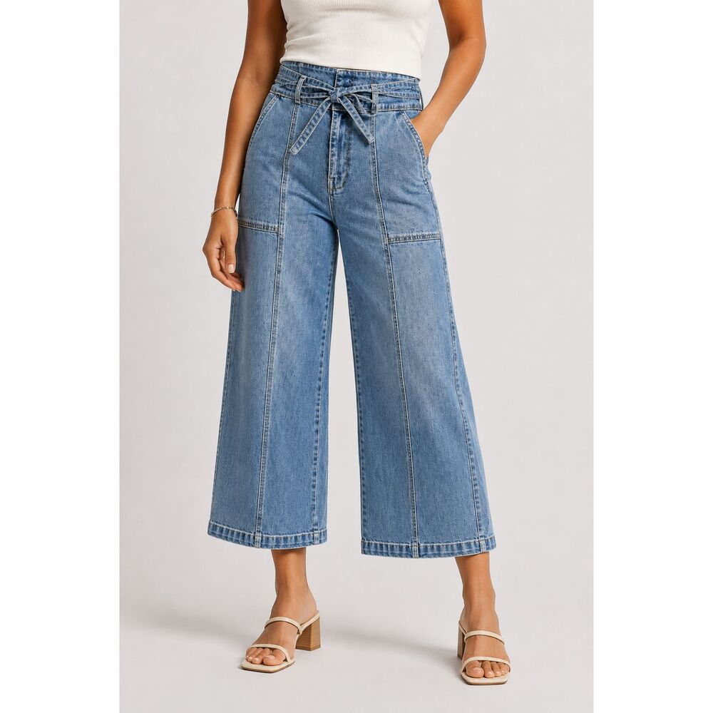 Hudson Jeans Womens 8/29 Tie Waist High Rise Cropped Wide Leg Light Wash Denim